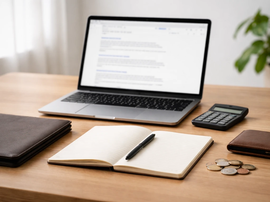 Laptop, calculator, and notebook with money-themed desk items suggesting net worth research and verification.