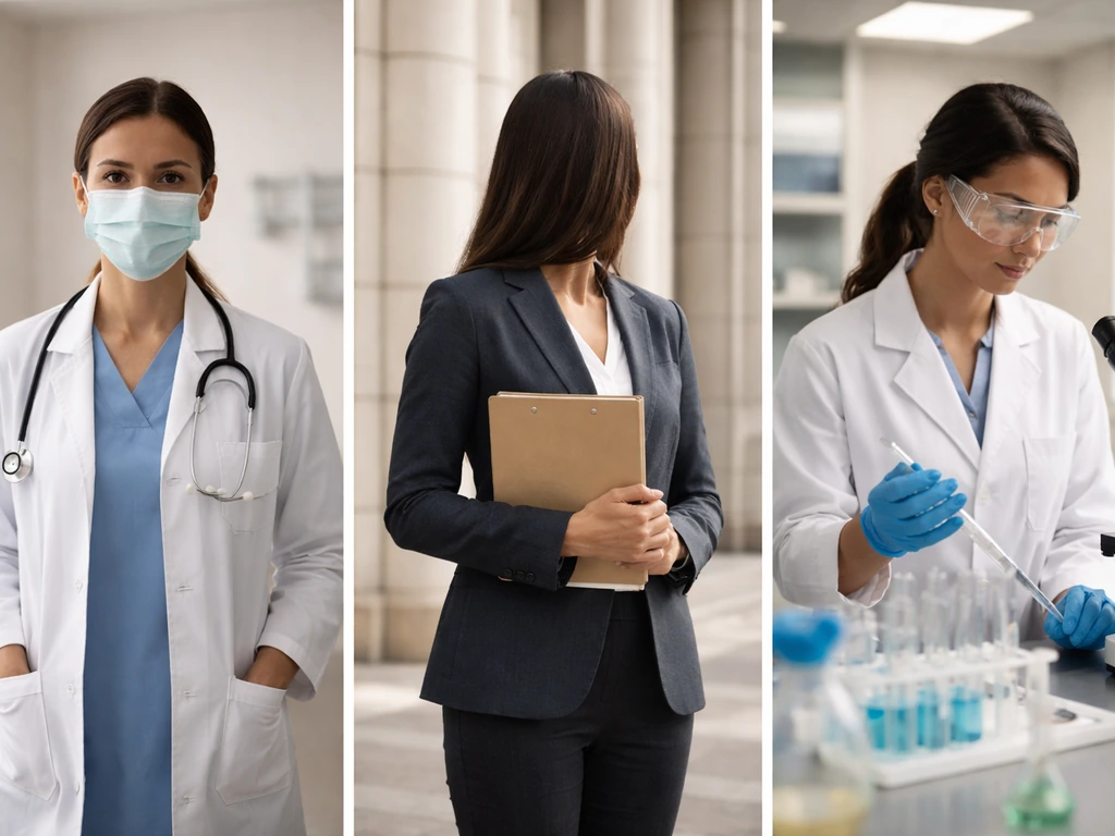 Three anonymous professionals in distinct settings representing medicine, local government, and biotech