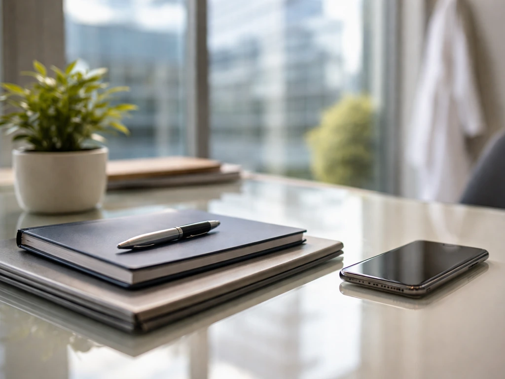 Biotech executive desk with a lab notebook and smartphone in a quiet corporate office