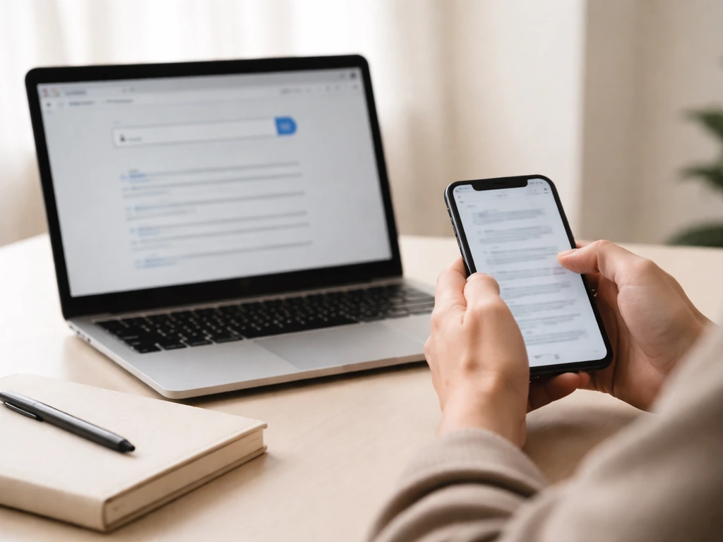 Hands using smartphone and laptop on a quiet desk to verify online information about money claims.