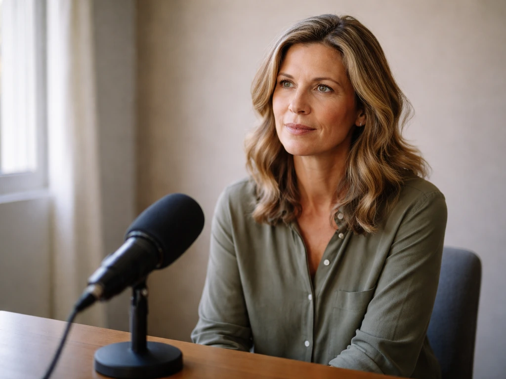 Woman in a simple Los Angeles interview setting with a microphone on a desk, documentary-style.