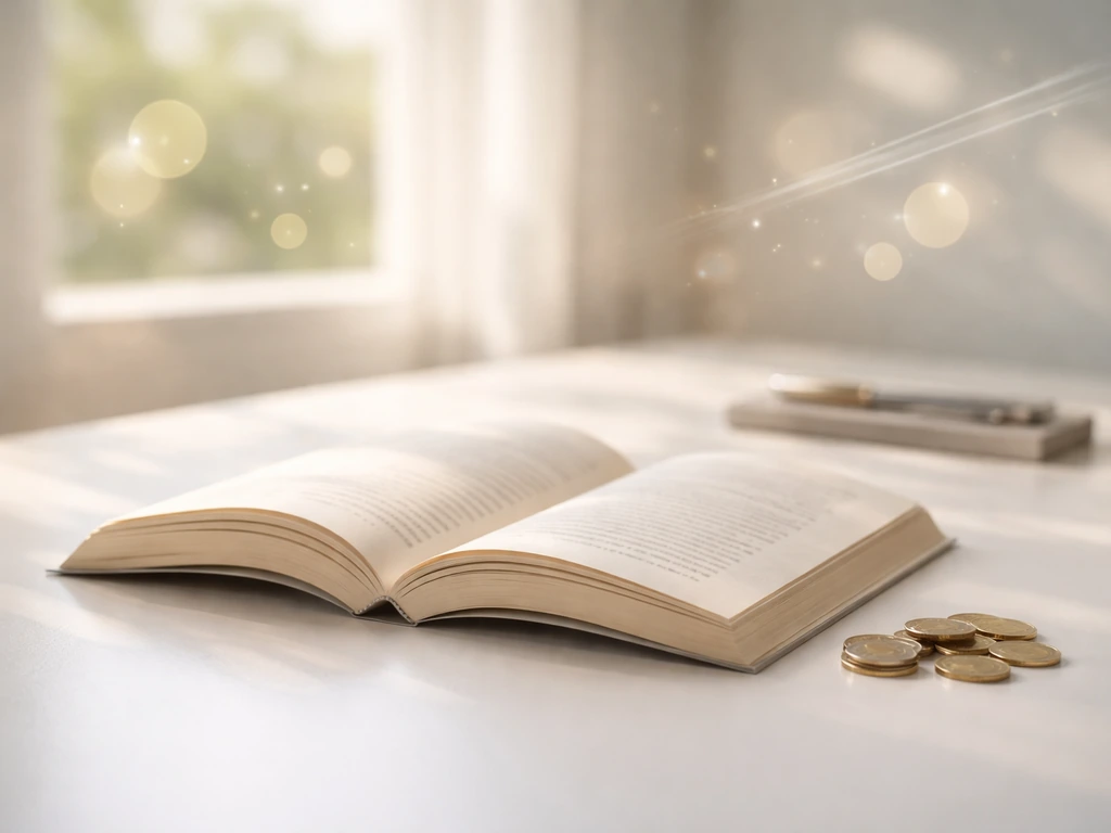 Minimal desk scene with an open book and coins, symbolizing royalties and income streams.