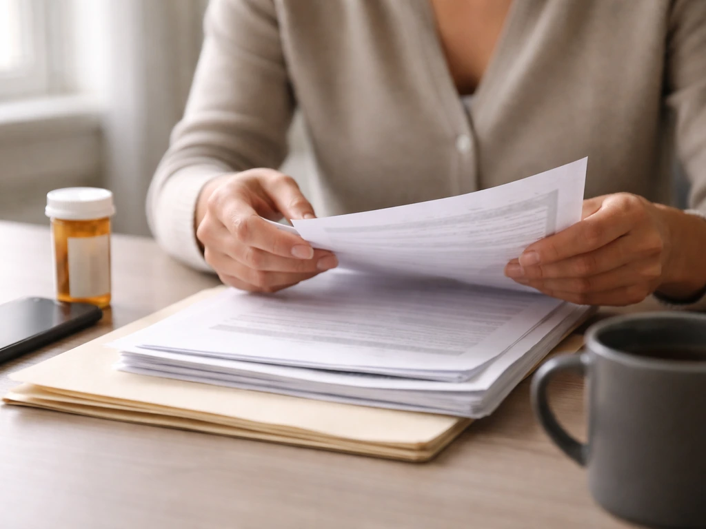 Minimal photo of a person reviewing medical and legal paperwork on a desk, symbolizing costs and complications.