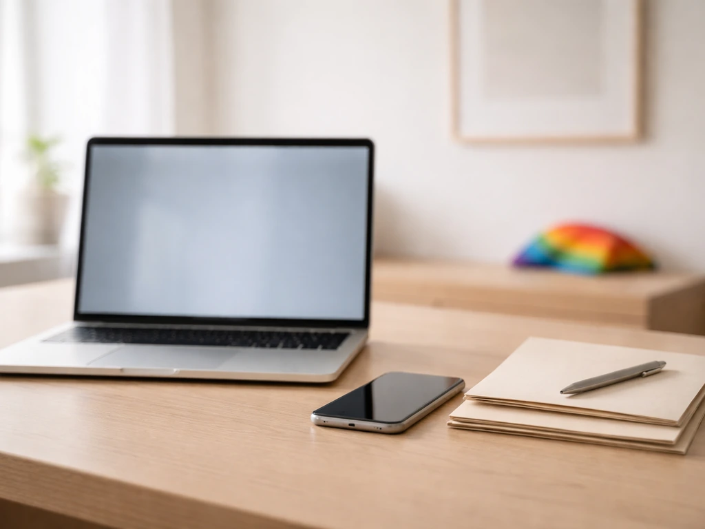 Minimal home office desk scene with laptop and phone, suggesting financial research and verification.