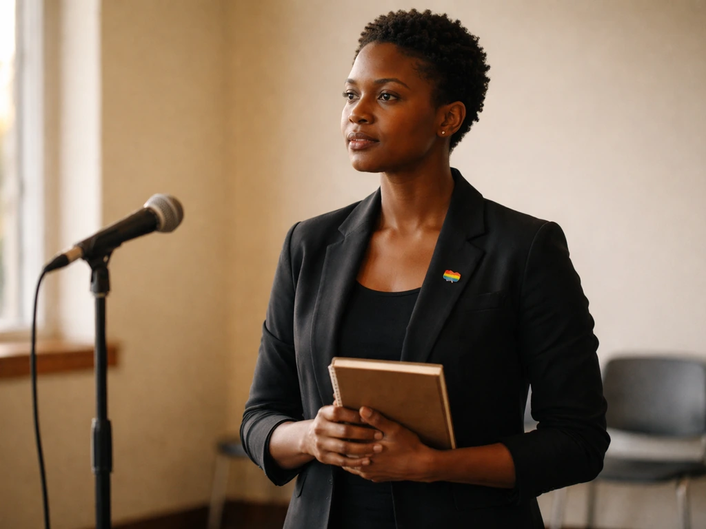 Author-style photo of an LGBTQ advocate speaking at a quiet community event with a rainbow pin.