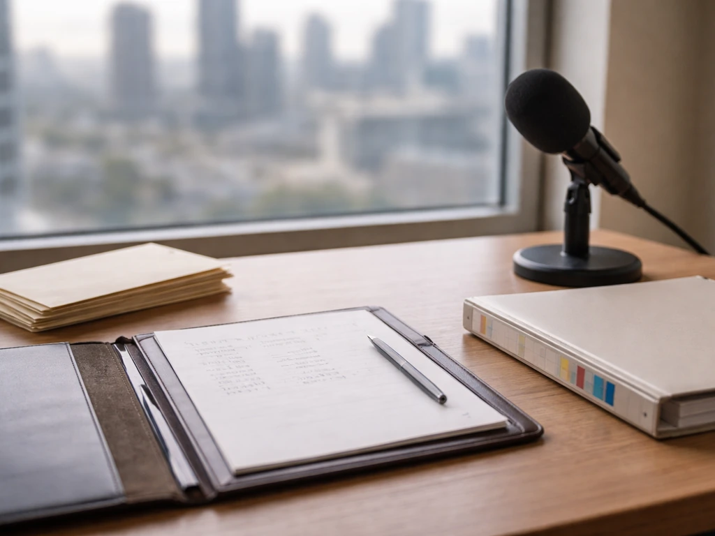 Minimal desk scene with portfolio, envelopes, microphone, and blurred city view symbolizing a net worth range.