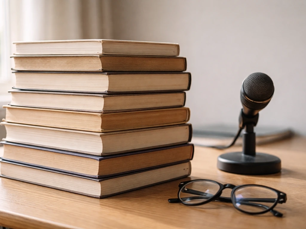 Close-up of books with a small microphone on a wooden desk, suggesting memoir and media income.