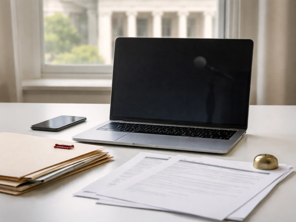 Desk with blank documents, smartphone and laptop, with a blurred courthouse facade outside the window.