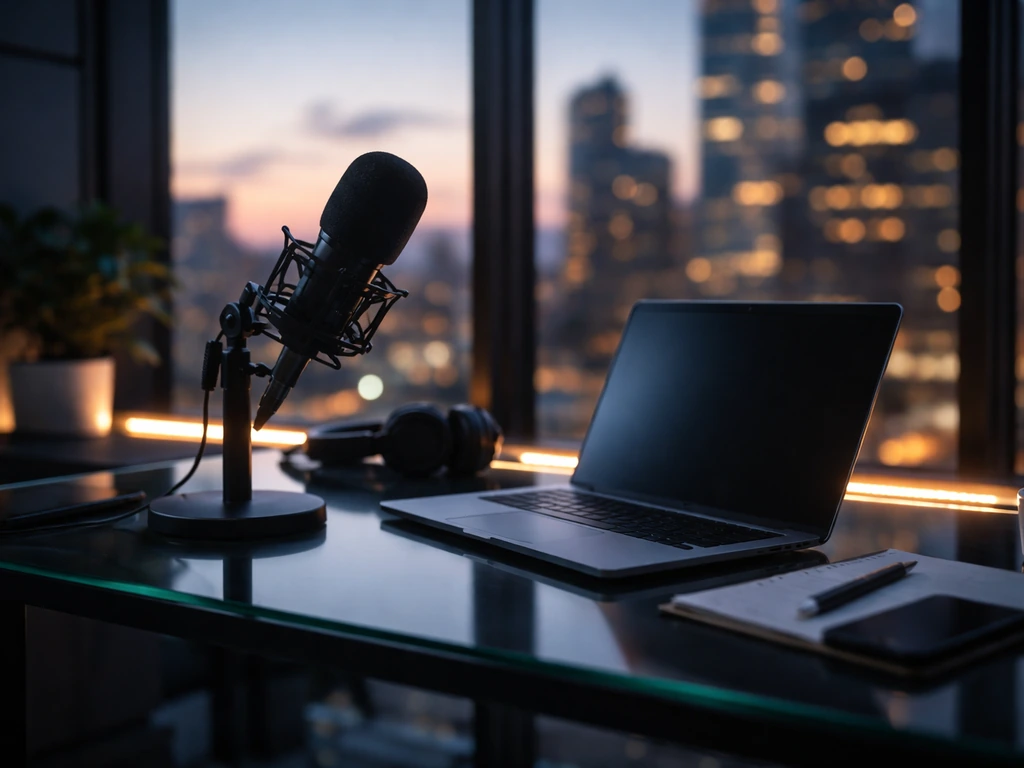 High-tech office desk with a microphone and laptop in front of a blurred city skyline, symbolizing media tech leadership
