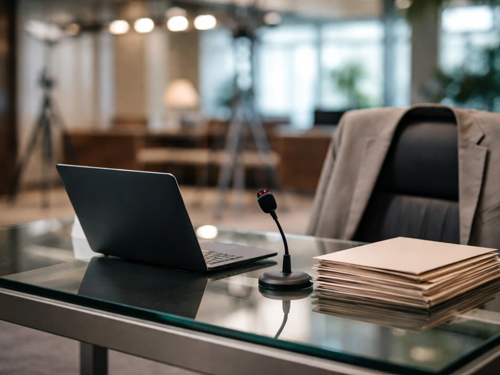 Minimal corporate desk with laptop and microphone, suggesting a tech acquisition and media-technology executive work.