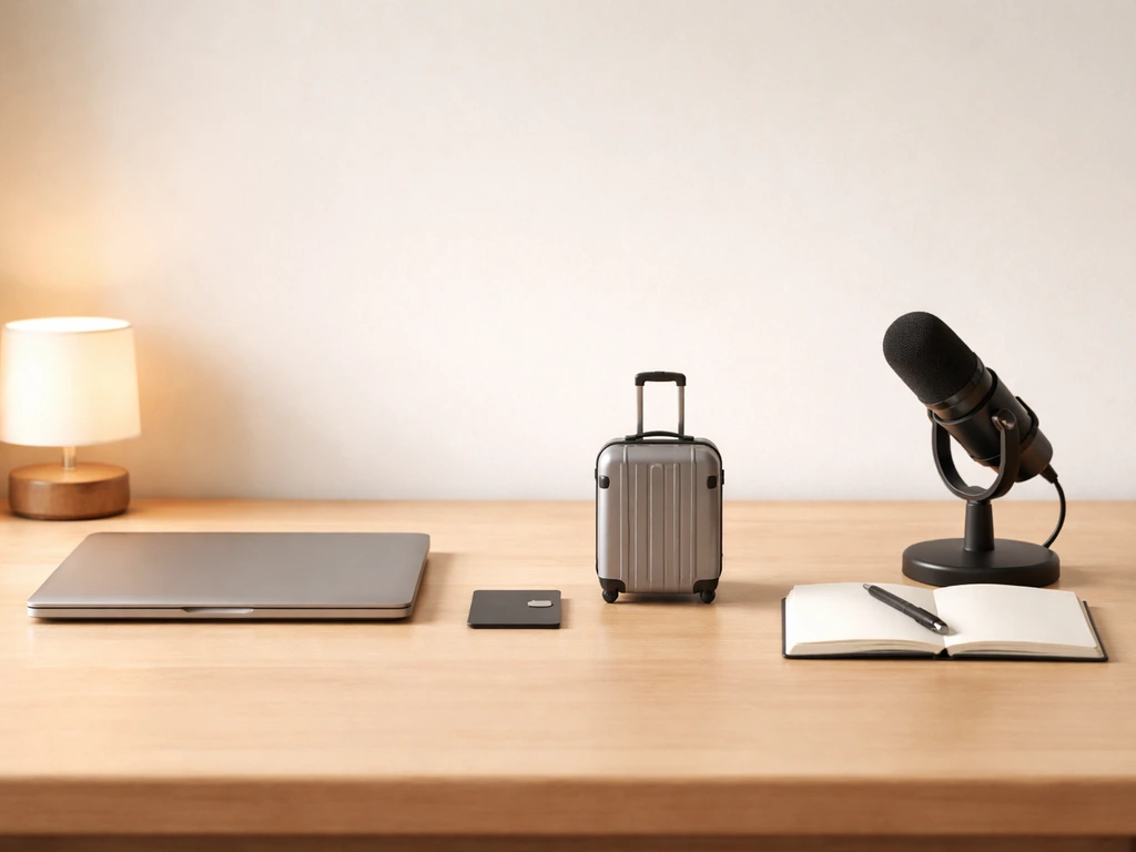 Desk scene with laptop, keycard and suitcase, and a microphone suggesting three phases of financial change over time.