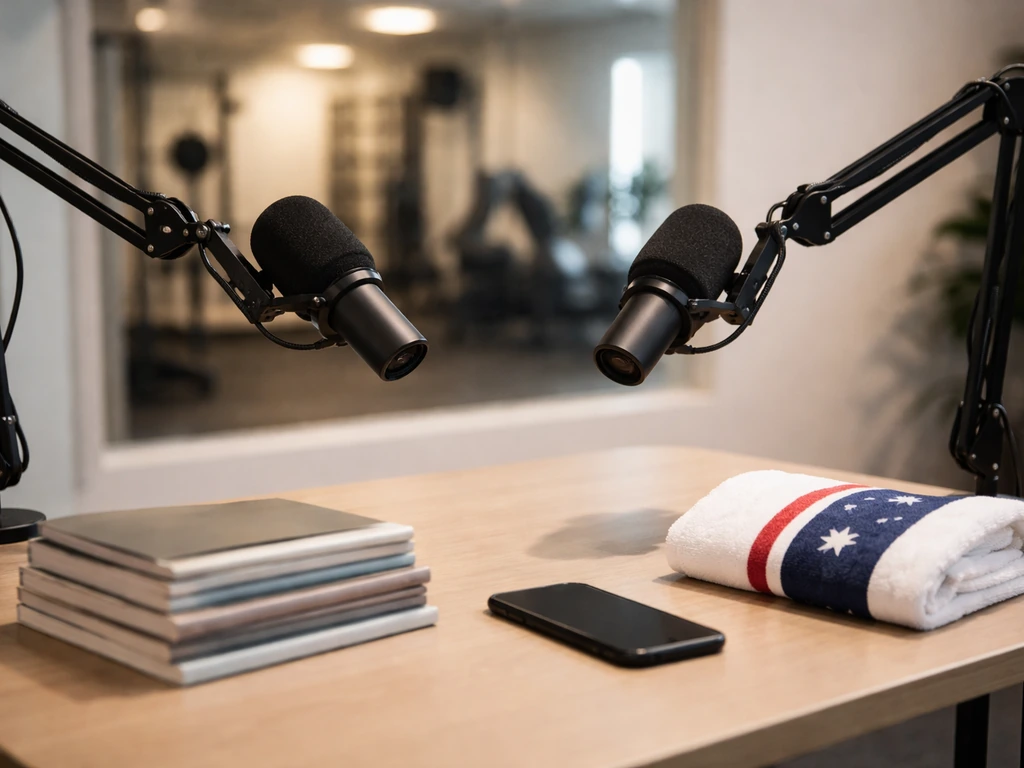 Anonymous fitness media studio desk with microphones and stacked fitness publications, suggesting verifying a public pro
