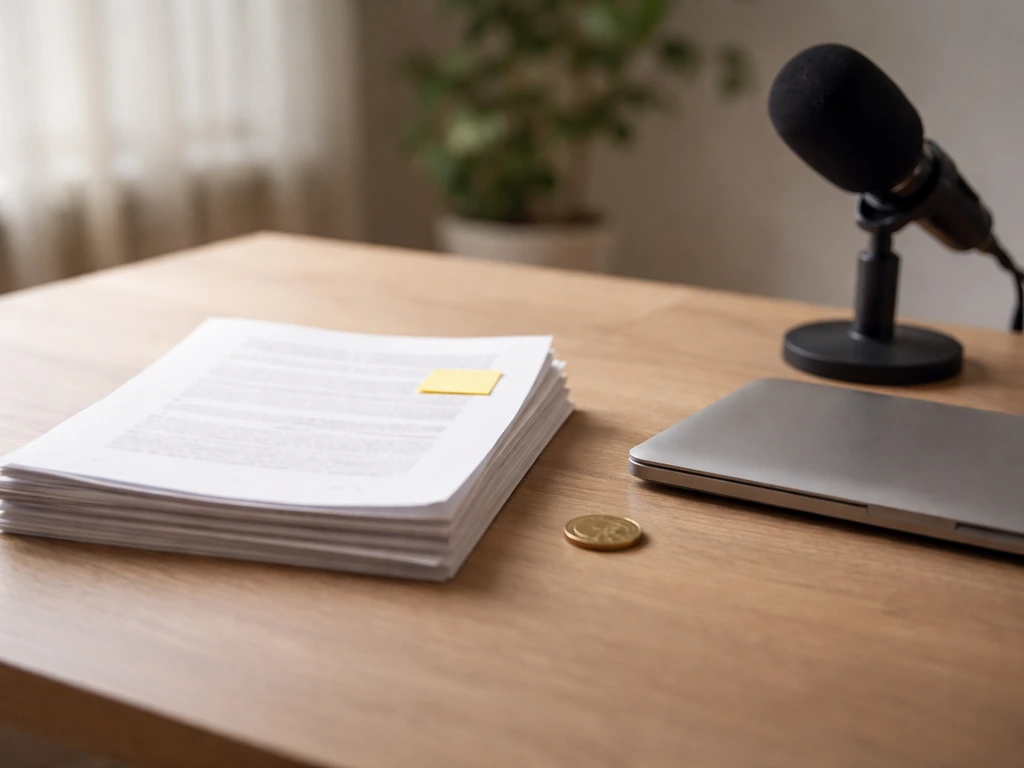 Minimal desk scene with scattered documents and a single gold coin symbolizing verified vs estimated money figures.