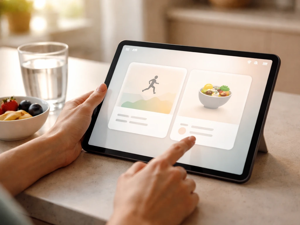 Woman’s hands adjusting a tablet showing workout and meal icons on a nutrition app screen