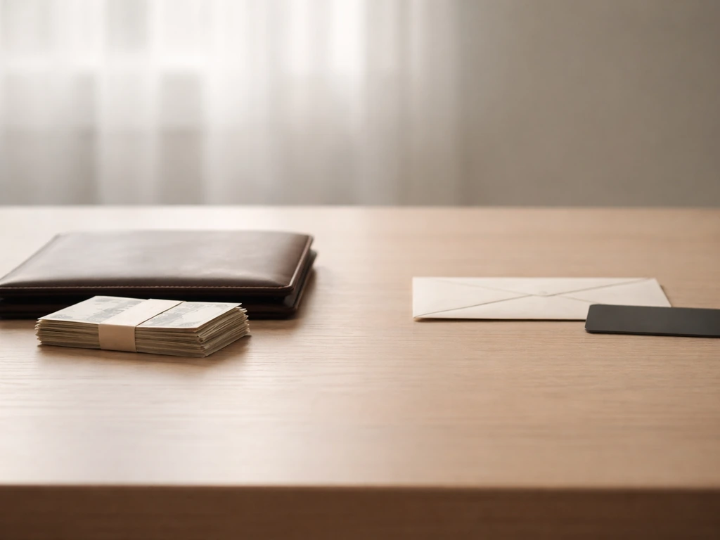 Minimal desk scene showing assets vs liabilities with money-like envelopes and a dark card.