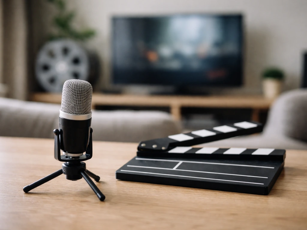 Minimal desk scene with a microphone and clapperboard symbolizing acting earnings from TV, film, and voice work.