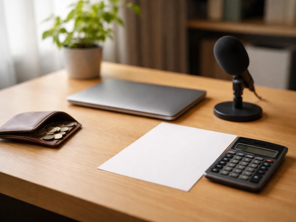 Minimal desk scene with wallet, coins, calculator, microphone, and blank paper suggesting net worth estimates.