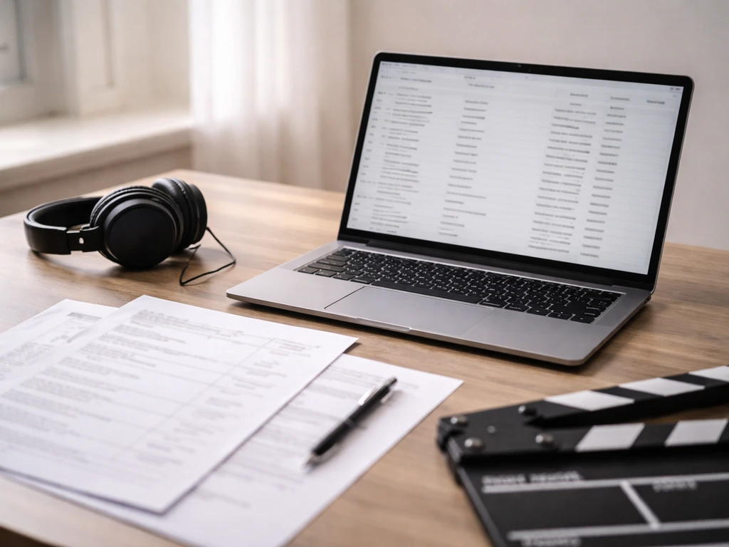 Actress-style desk scene with call sheet pages and laptop showing a non-specific credits list