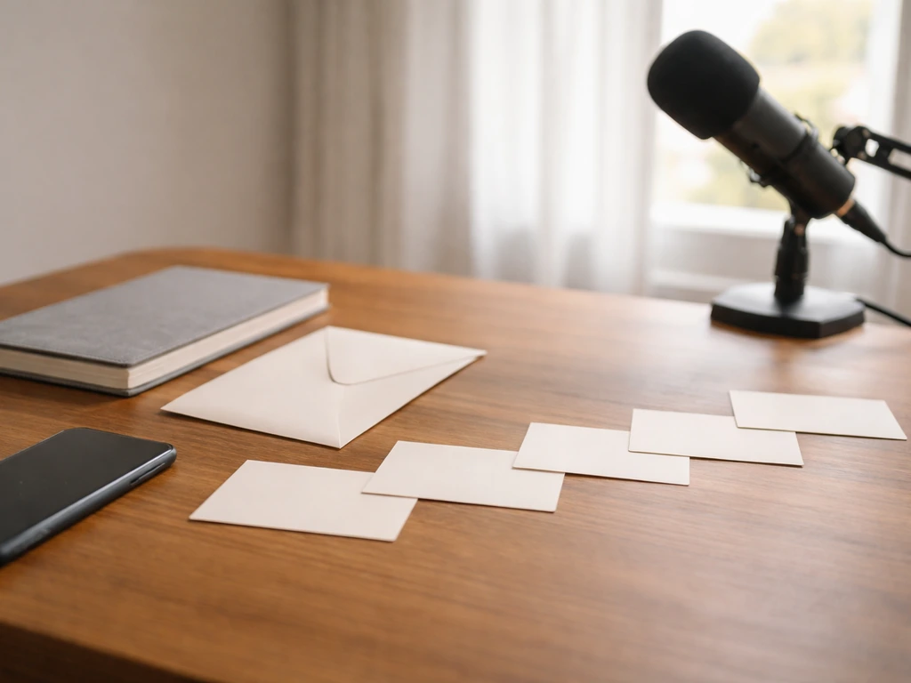 Minimal desk scene with blank cards and an envelope suggesting a timeline of changing wealth.