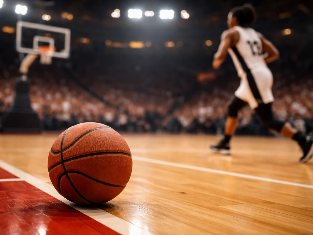 Anonymous WNBA-style basketball action shot with a blurred court and basketball near the net.