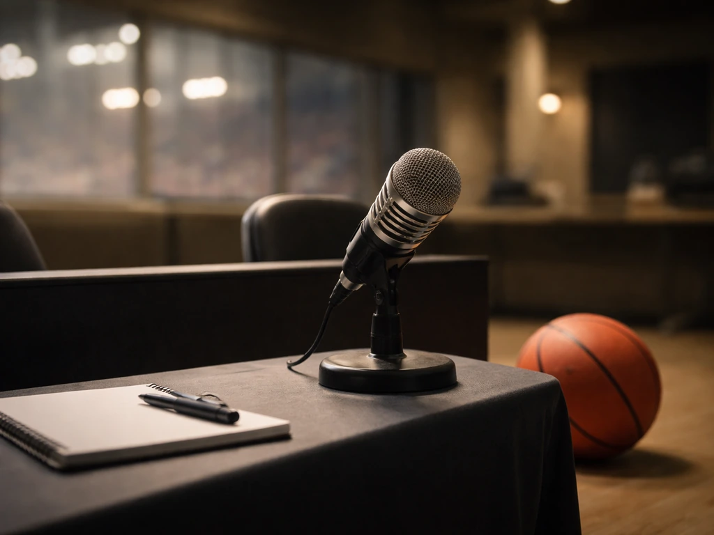Close-up of a studio microphone with an untouched basketball in a softly lit arena setting.