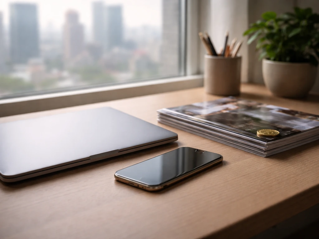 Minimal desk scene with smartphone, laptop, and a gold coin suggesting a net worth estimate.