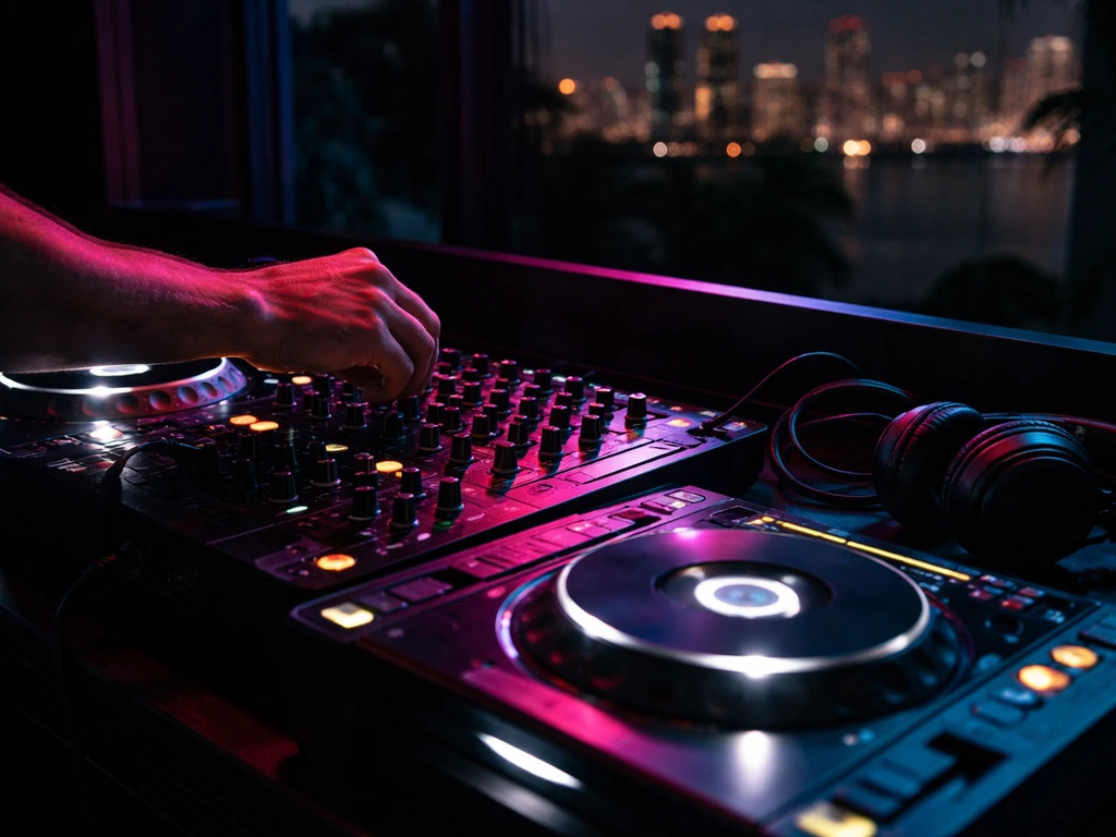 Miami DJ booth with stage lighting and turntables, anonymous hands adjusting audio equipment