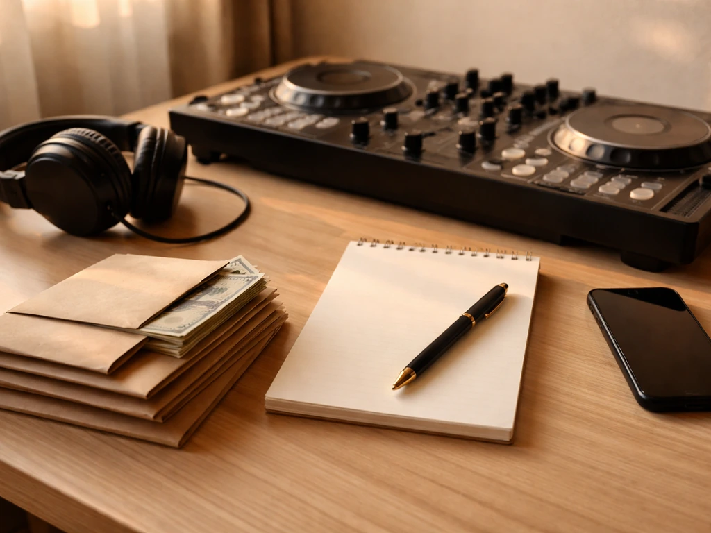 Minimal desk scene with music gear and scattered cash envelopes symbolizing varied income streams for a DJ