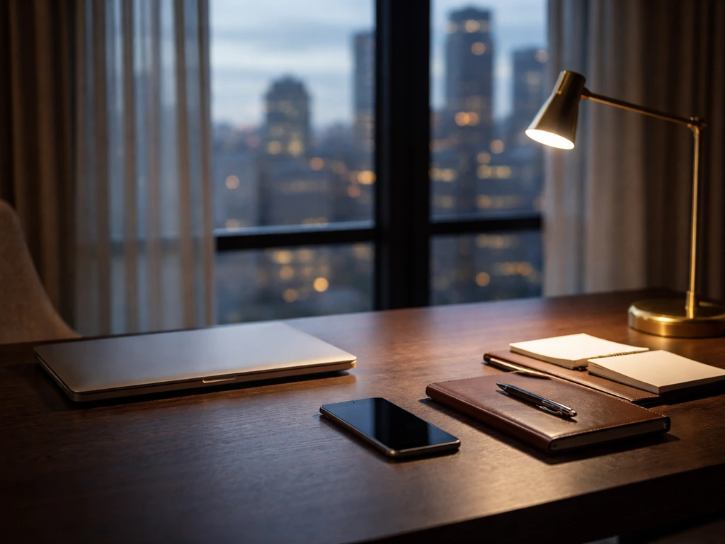Minimal upscale desk with laptop and phone, city skyline in the background, symbolizing finance research.