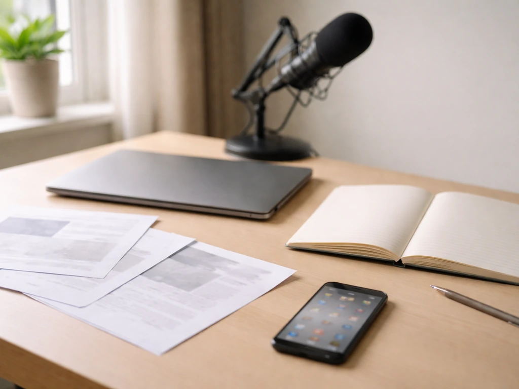 Minimal desk scene with scattered media clippings and a smartphone showing a news-style homepage, symbolizing a career t