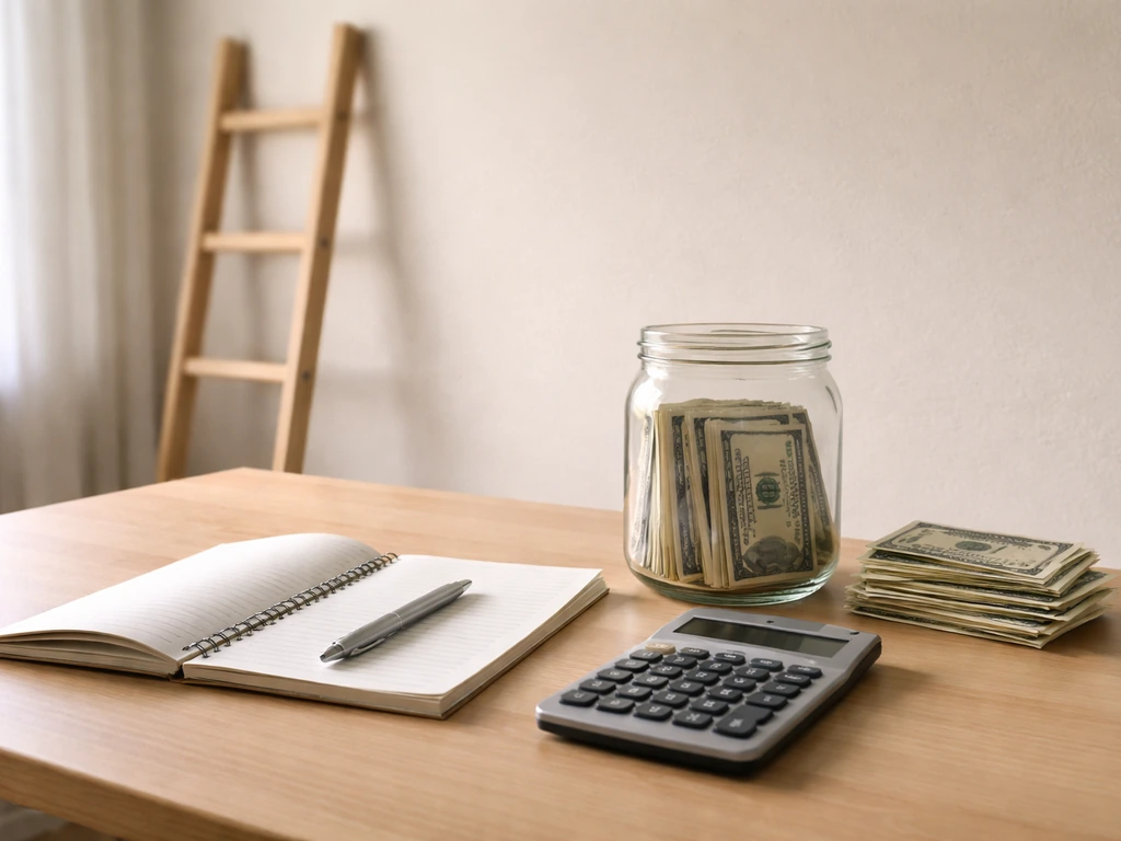 Minimal desk scene with calculator, cash, and a small ladder symbolizing rising net-worth estimates.