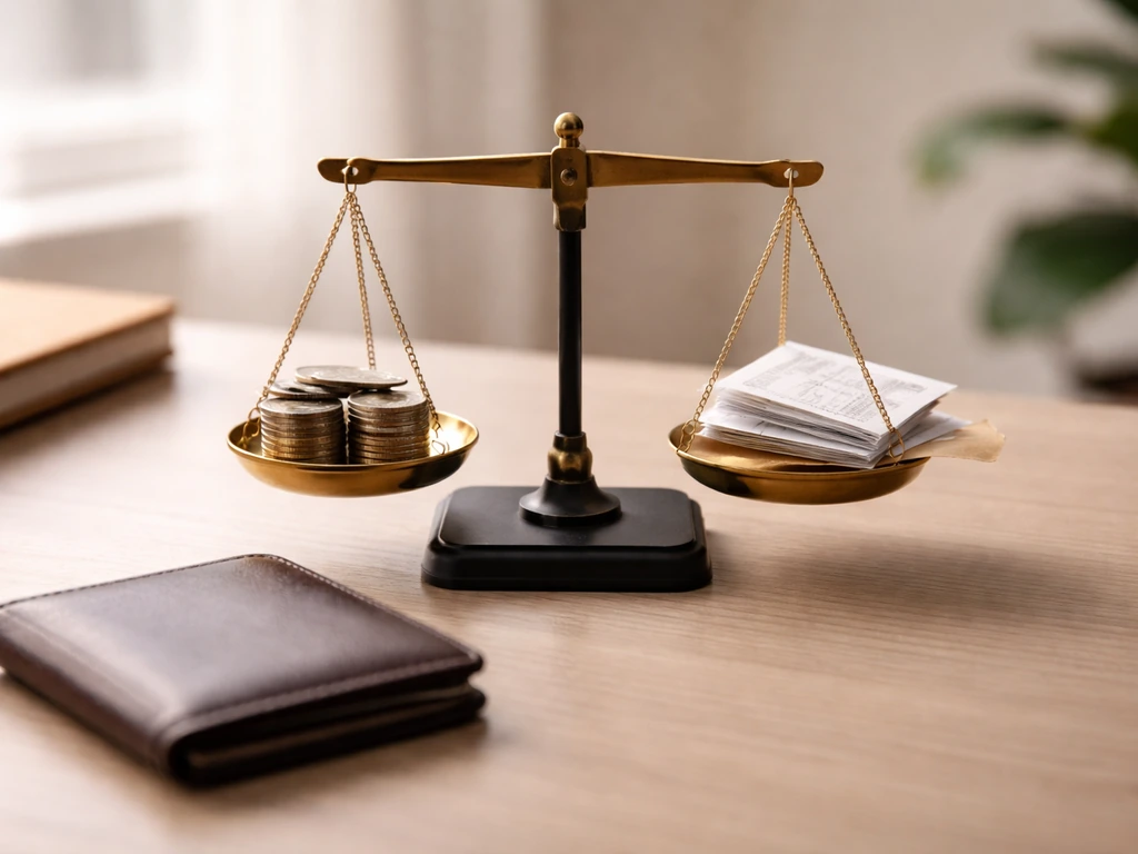 Minimal photo of a clean desk with a small scale balancing coins and a folder, symbolizing assets minus liabilities.