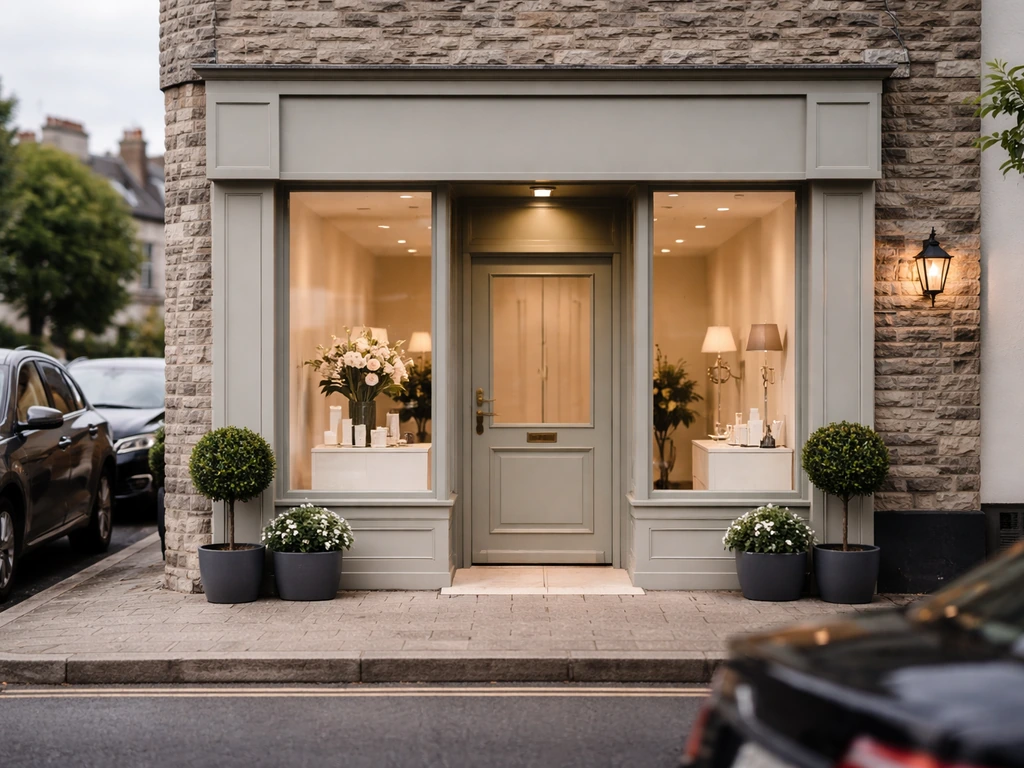 Quiet Ratoath County Meath beauty business storefront entrance with plants and parked cars.