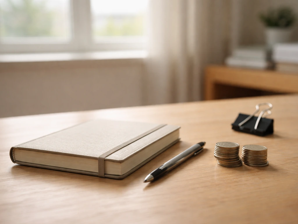Minimal photo of a quiet desk with a notebook, pen, and a small stack of coins symbolizing wealth evolution