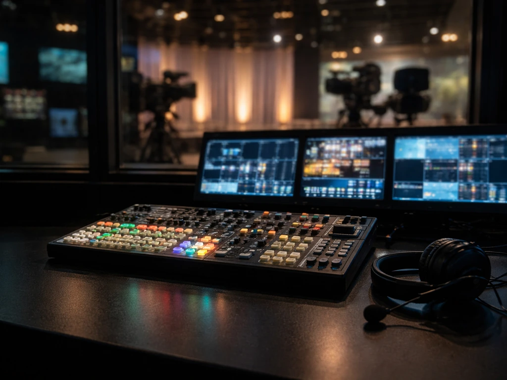 Unbranded TV studio control room with broadcast monitors and switcher equipment, no people visible.