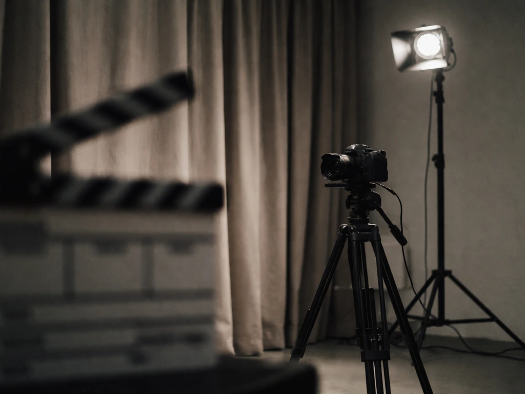 Film studio corner with a clapboard and camera on a tripod, no people, minimal and realistic.