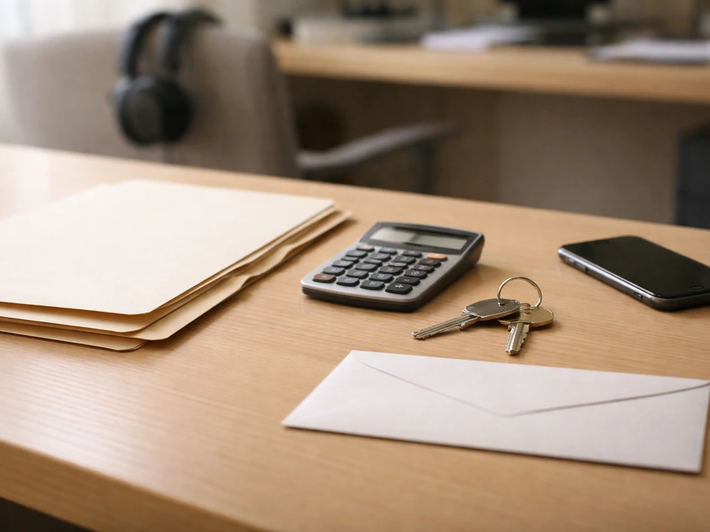 Minimal photo of a producer’s desk with a calculator, keys, and folder representing assets minus liabilities