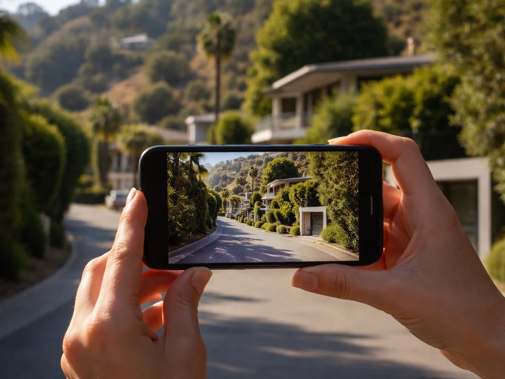 Phone view zooming into a quiet Nichols Canyon-style hillside neighborhood and property entrance