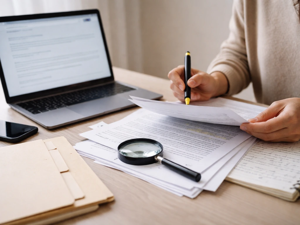Person reviewing printed documents and notes at a desk with a laptop showing a blank search-style page
