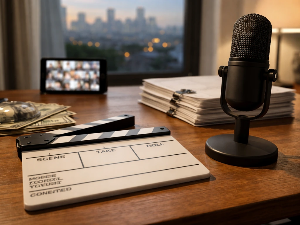 Clapperboard and studio microphone on a desk with subtle money symbolism in a production office.