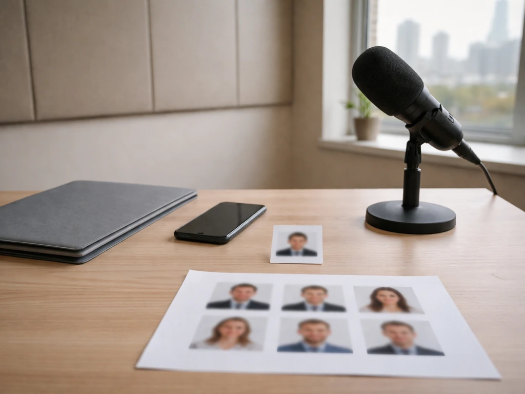 Minimal desk in a studio with a microphone and blurred photo cards suggesting identity disambiguation.