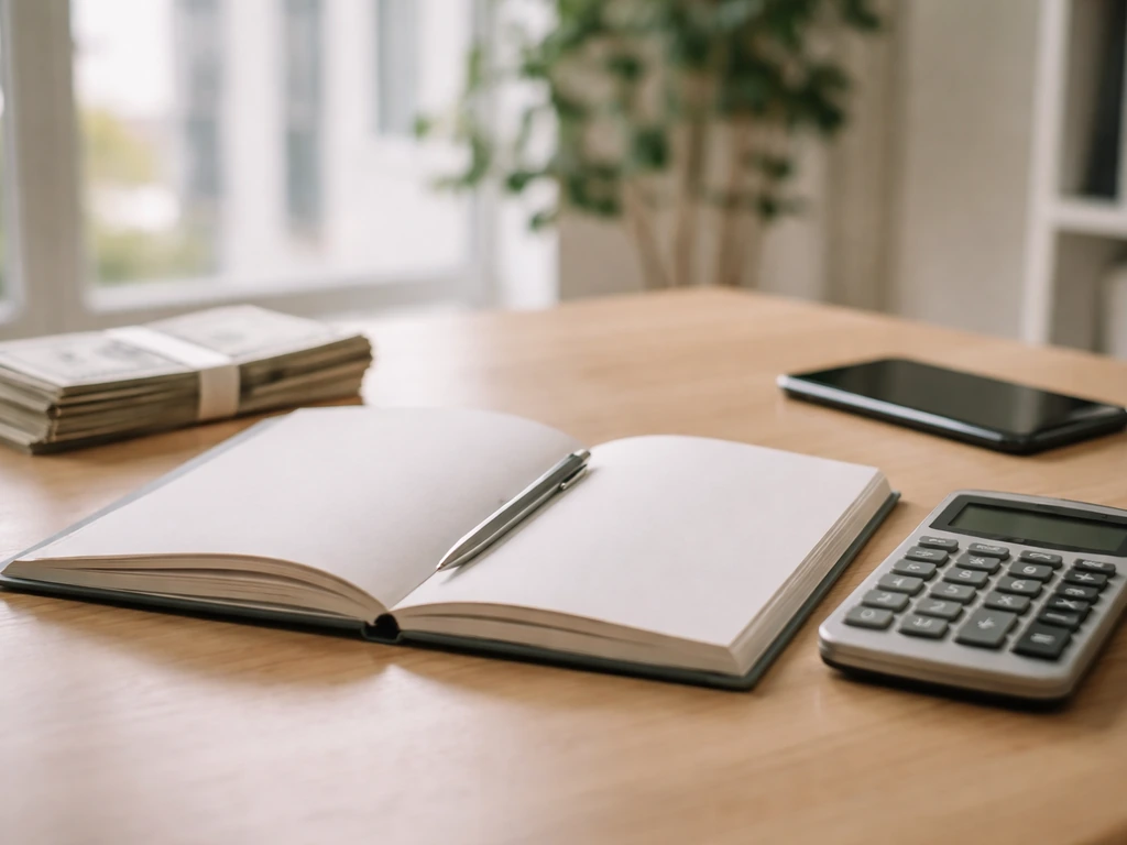 Minimal finance analyst desk with calculator and neatly stacked cash in soft office daylight.