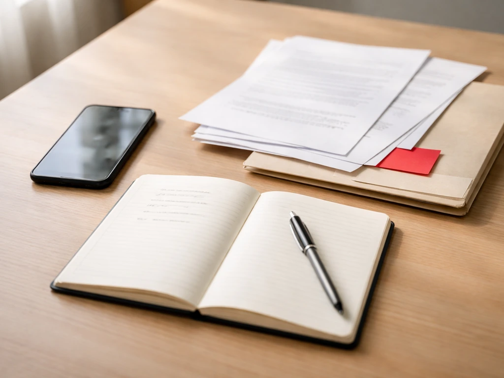 Minimal photo of a desk with a notebook and pen beside a smartphone and scattered papers for claim verification