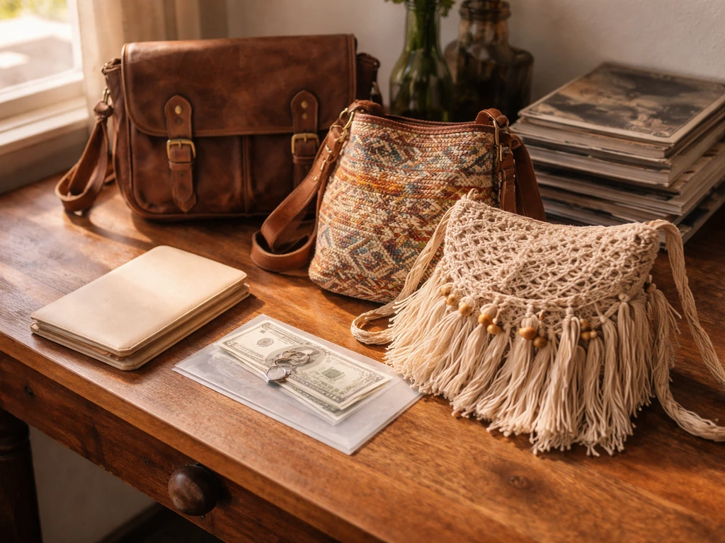 Vintage boho bags on a wooden desk with warm light, symbolizing a founder and net-worth verification theme.