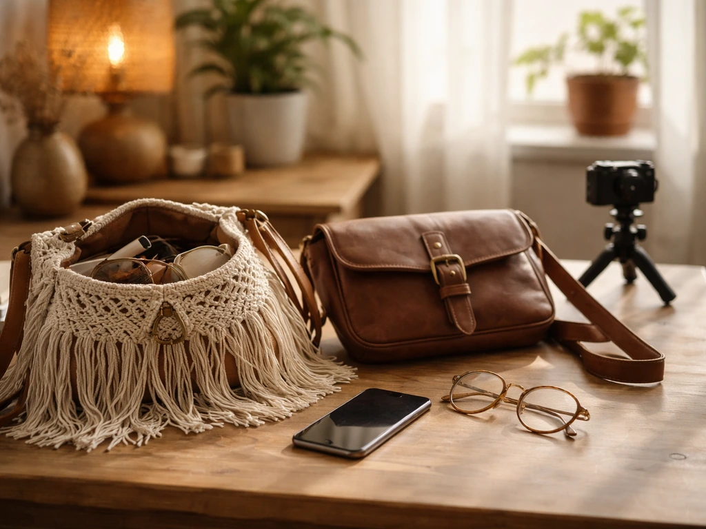Sunlit desk with vintage boho bags and business tools, symbolizing a specific seller profile without showing anyone.