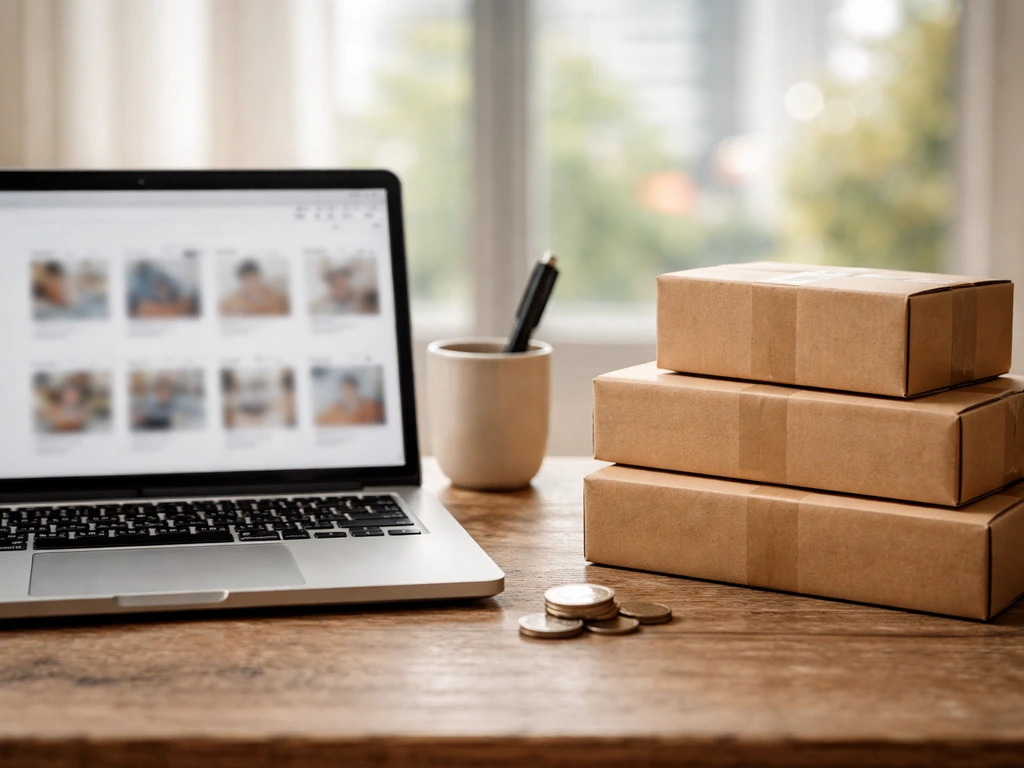 Minimal desk scene with blurred laptop listings, coins, and shipping boxes symbolizing e-commerce revenue and catalog.