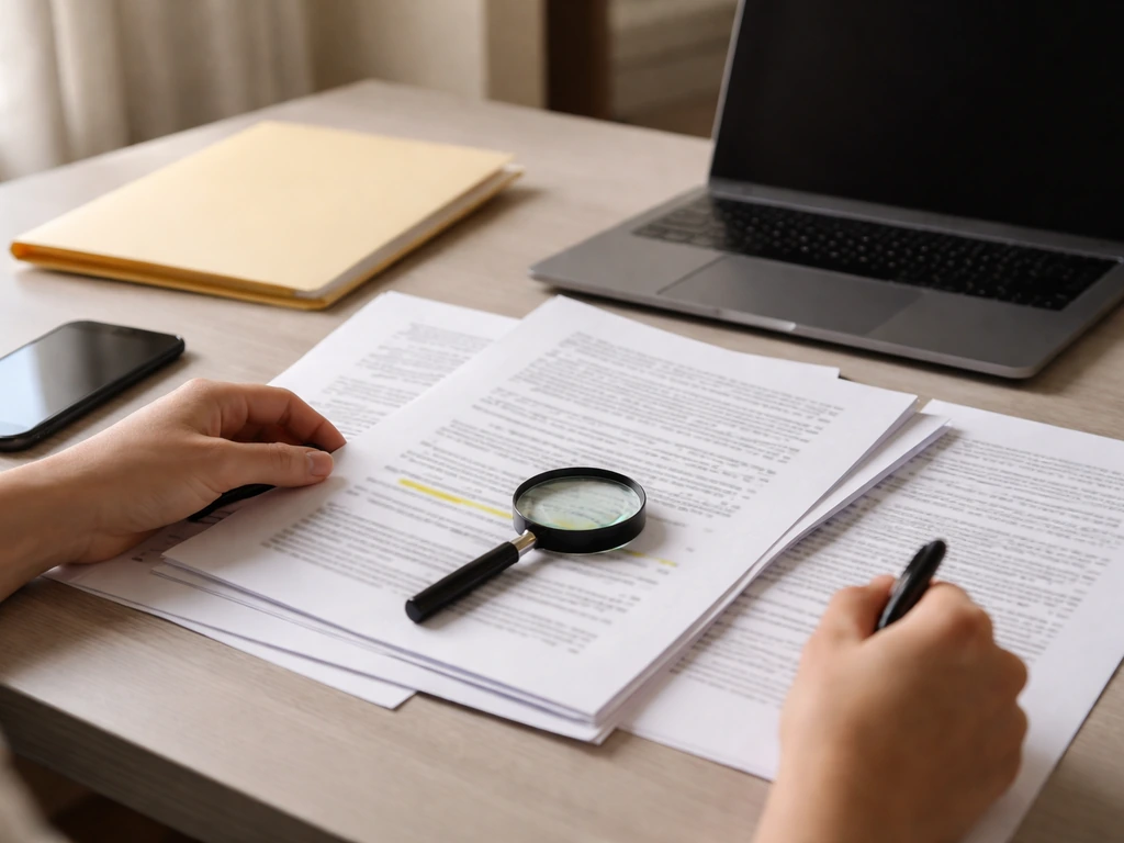 Hands on a desk with papers, magnifying glass, and smartphone suggesting court research verification.