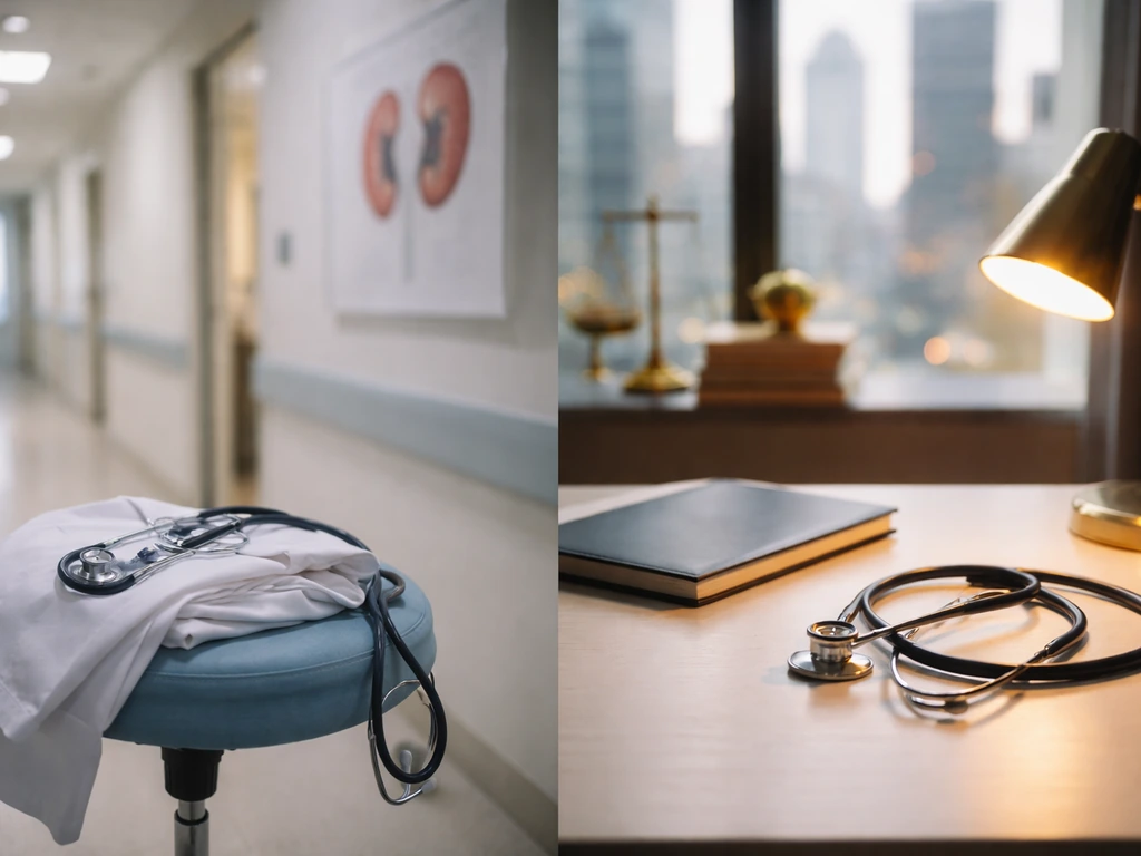 Minimal clinical desk scene contrasted with academic analysis vibe, symbolizing medicine and wealth inquiry.