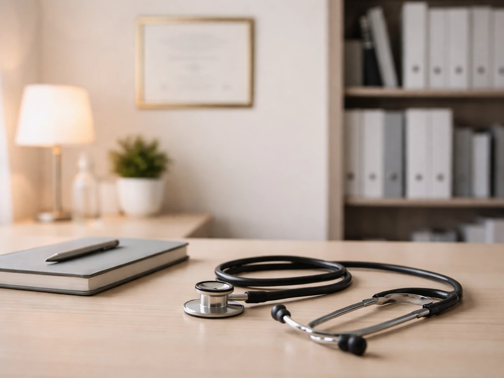 Tidy medical research office desk with stethoscope and blurred bookshelf, no people visible.