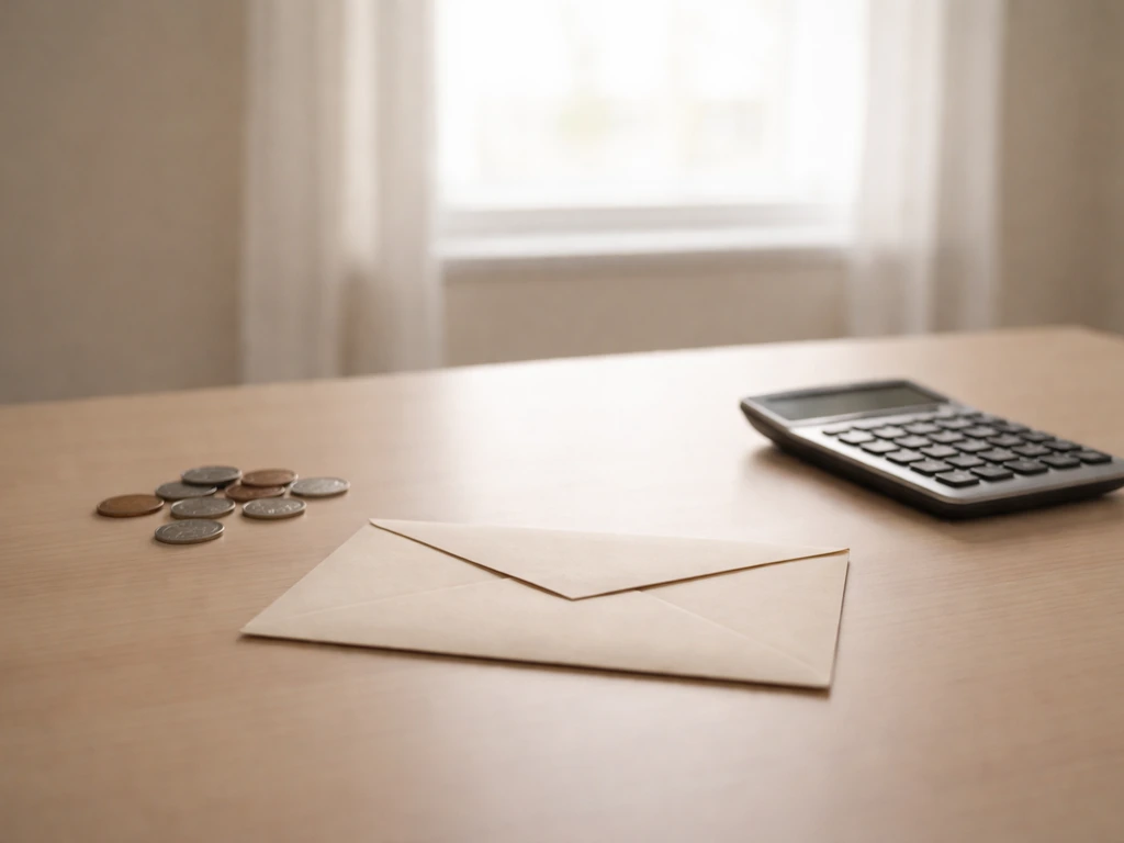 A minimalist desk scene with a single closed envelope and scattered coins symbolizing a defensible net-worth range
